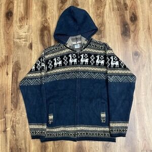 Yari Artesanias Llama Wool Hood Sweater Large Blue Full Zip Drawstring AOP